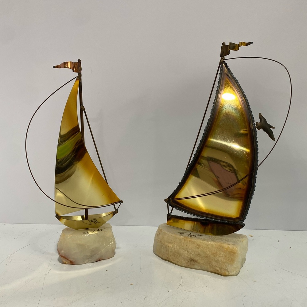 PAIR Vintage MCM Brass Sailboat Brutalist Sculpture Large 9.75” Onyx Base Signed
